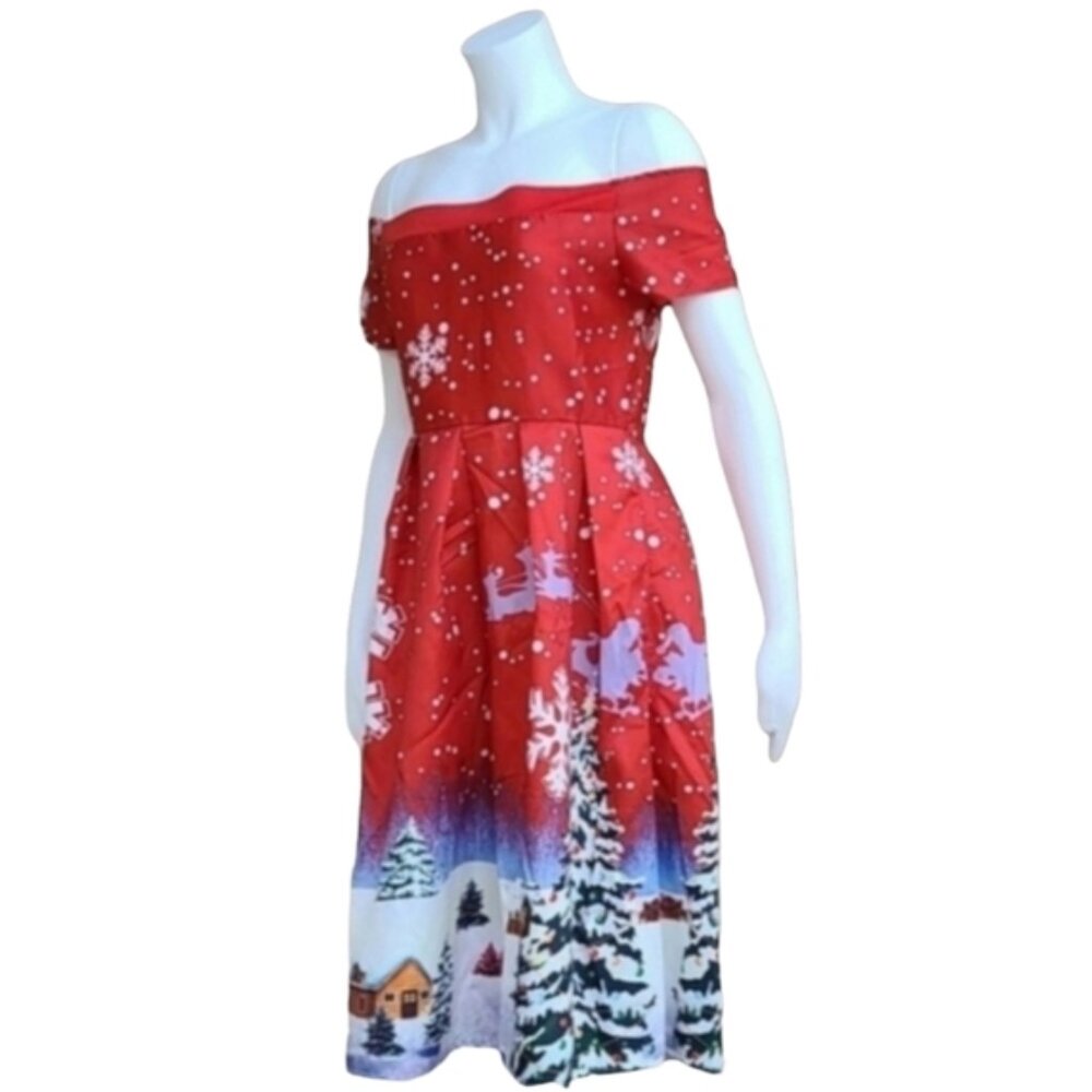 VINTAGE CHRISTMAS HOLIDAY Dress Small 4 6 Rockabilly Pin Up Off Shoulder Festive - Picture 13 of 14